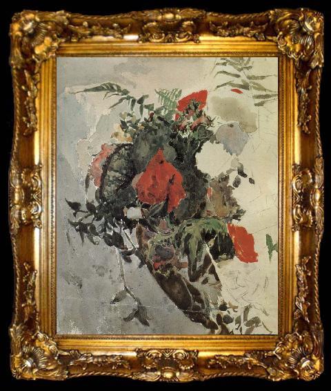 framed  Mikhail Vrubel Red Flowers and Begonia Leaves in a basket, ta009-2
